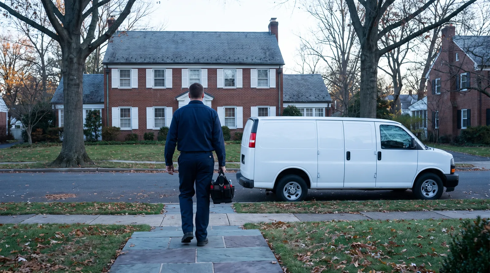 Ashcraft technician walking up to a customer's home with a toolbag