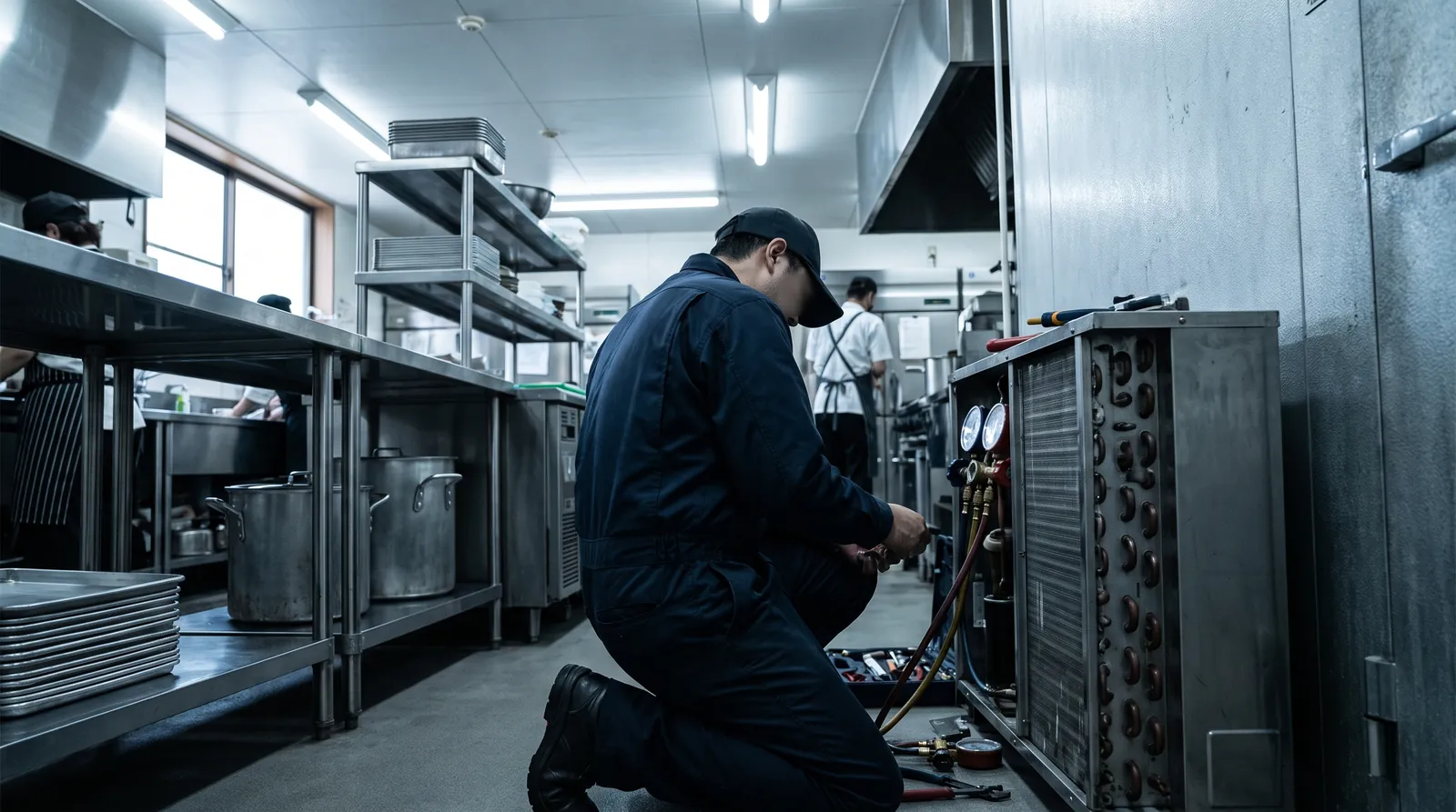 Technician servicing a walk-in cooler condenser in a restaurant kitchen