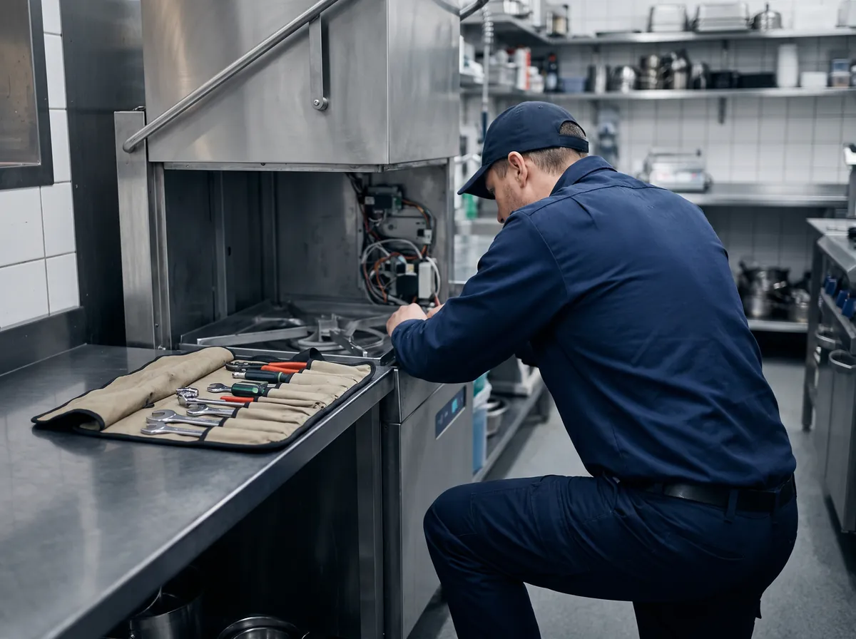 Technician repairing a commercial dishwasher in a hotel kitchen