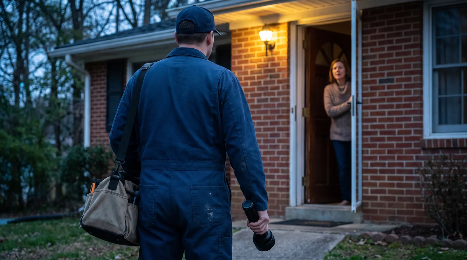Technician arriving at a customer's front door at dusk
