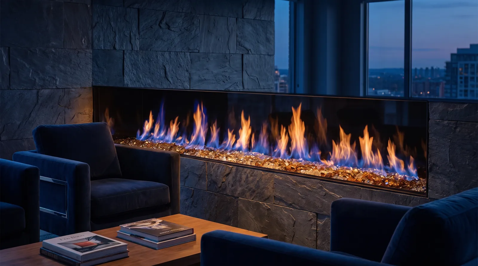 Modern linear gas fireplace in a dark stone wall