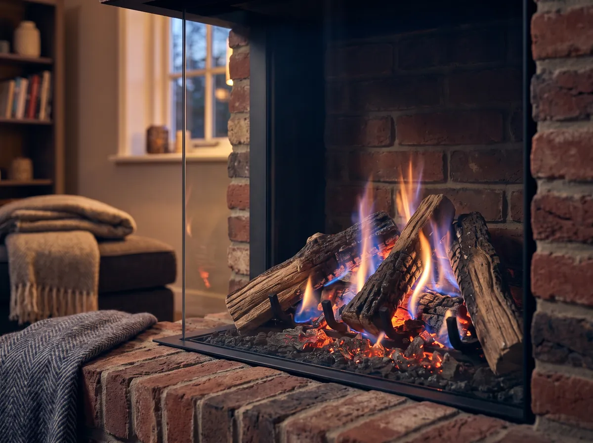 Gas fireplace with realistic ceramic logs in a brick surround