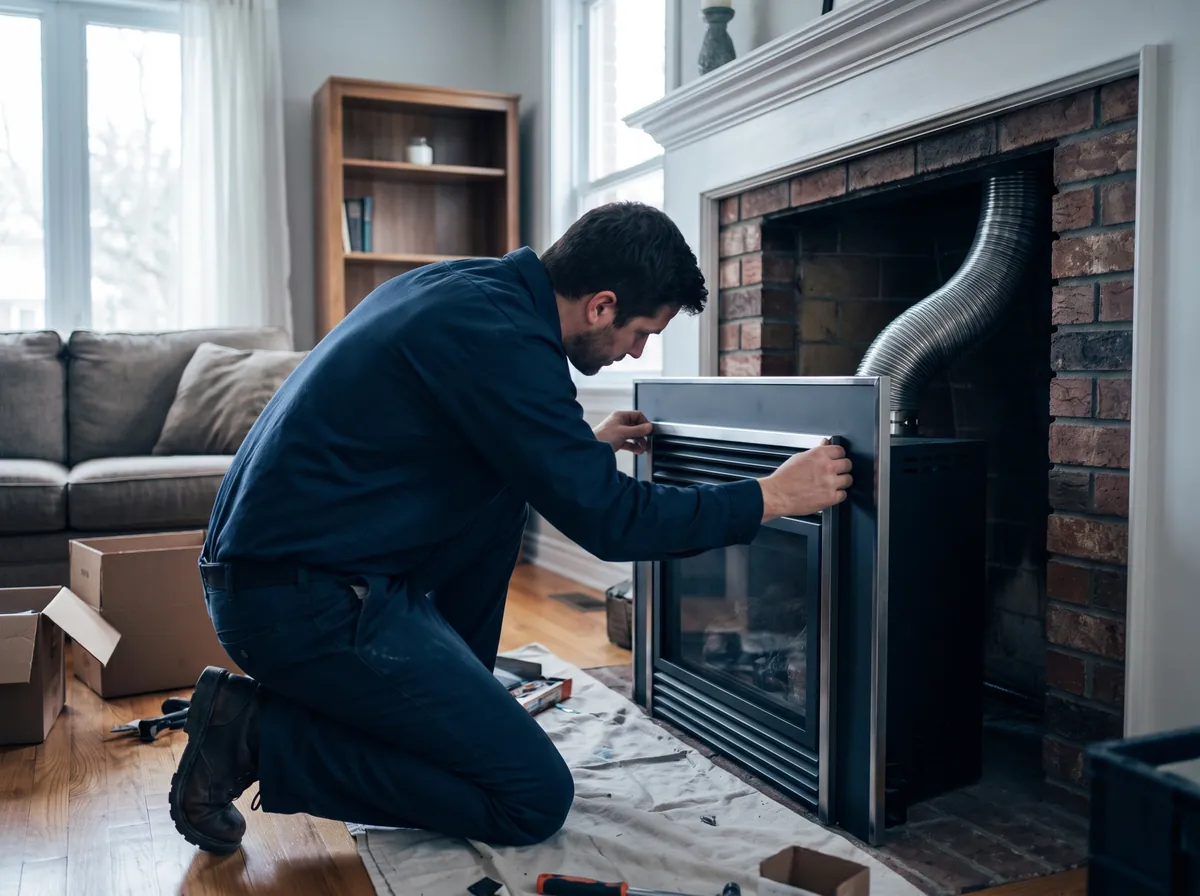 Technician installing a gas fireplace insert into a brick fireplace