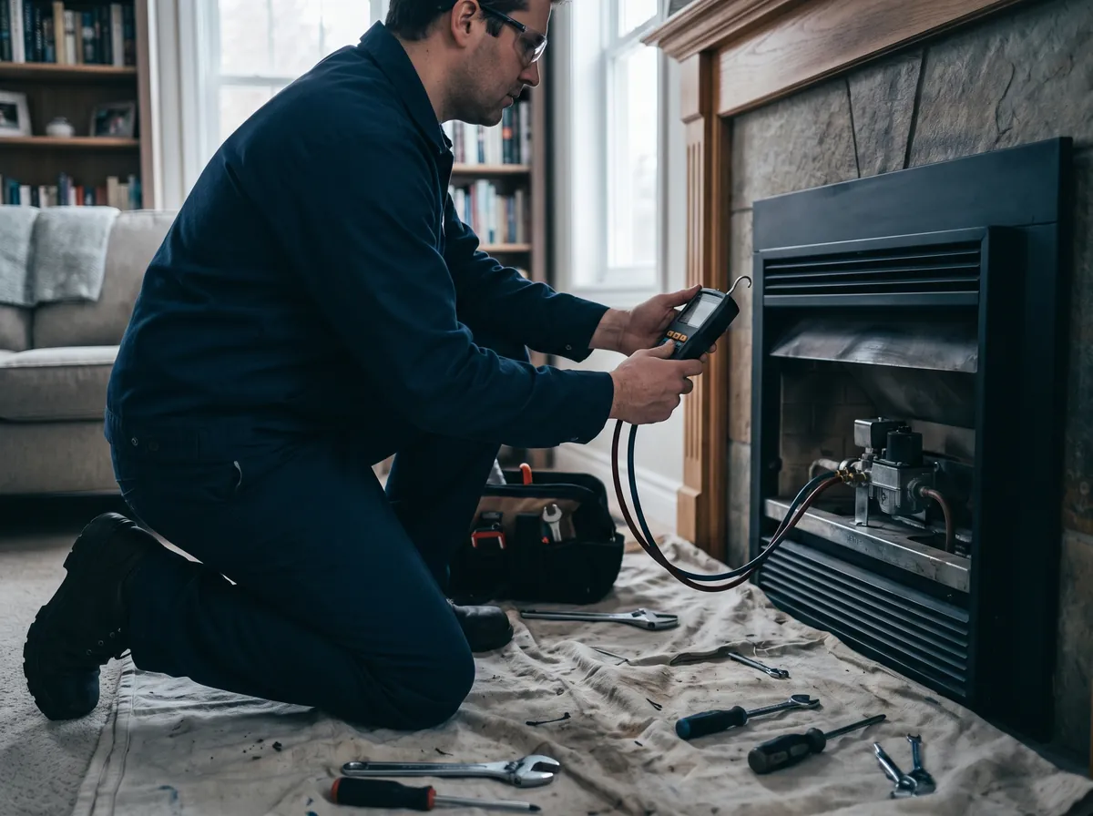 Technician testing a gas fireplace valve with a manometer