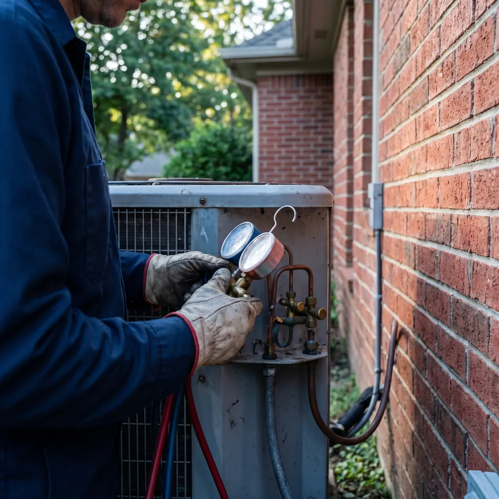 Technician connecting refrigerant gauges to an outdoor air conditioning unit