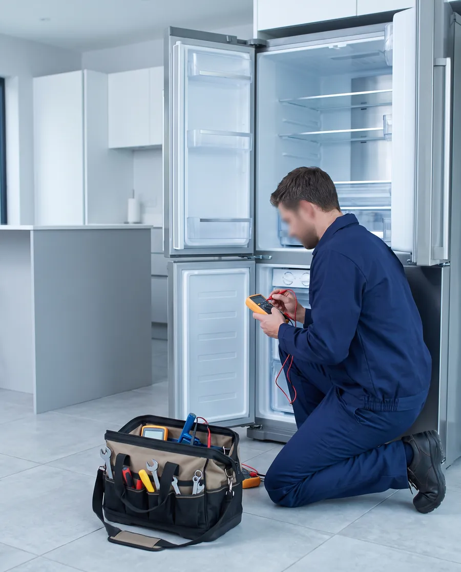Technician testing a stainless steel refrigerator with a multimeter