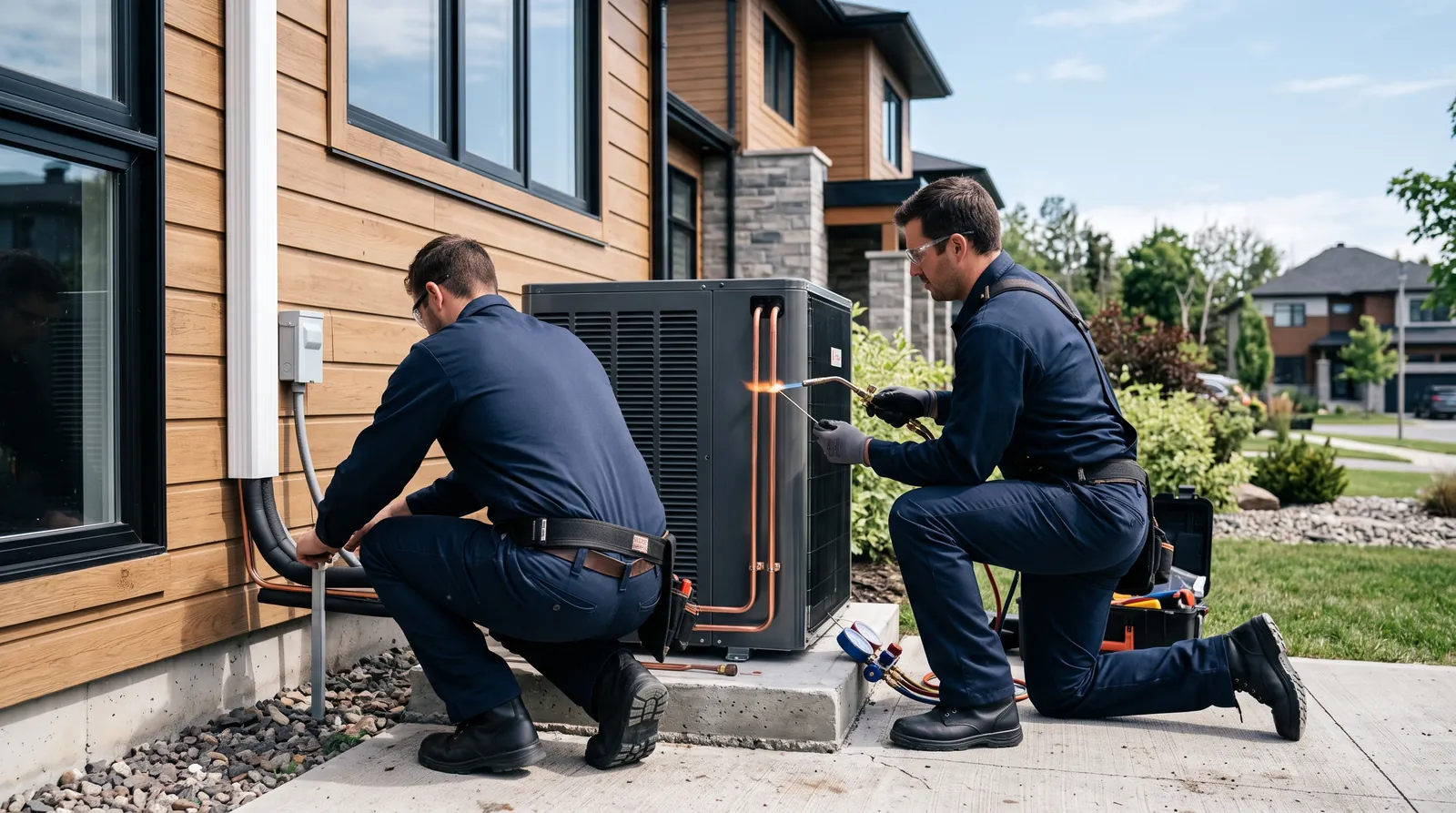 Two technicians installing a new heat pump outside a home