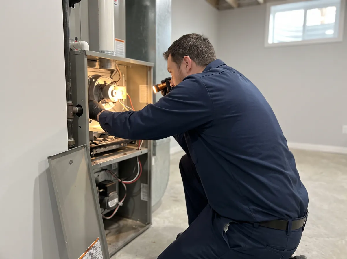 Technician inspecting the burners of a gas furnace