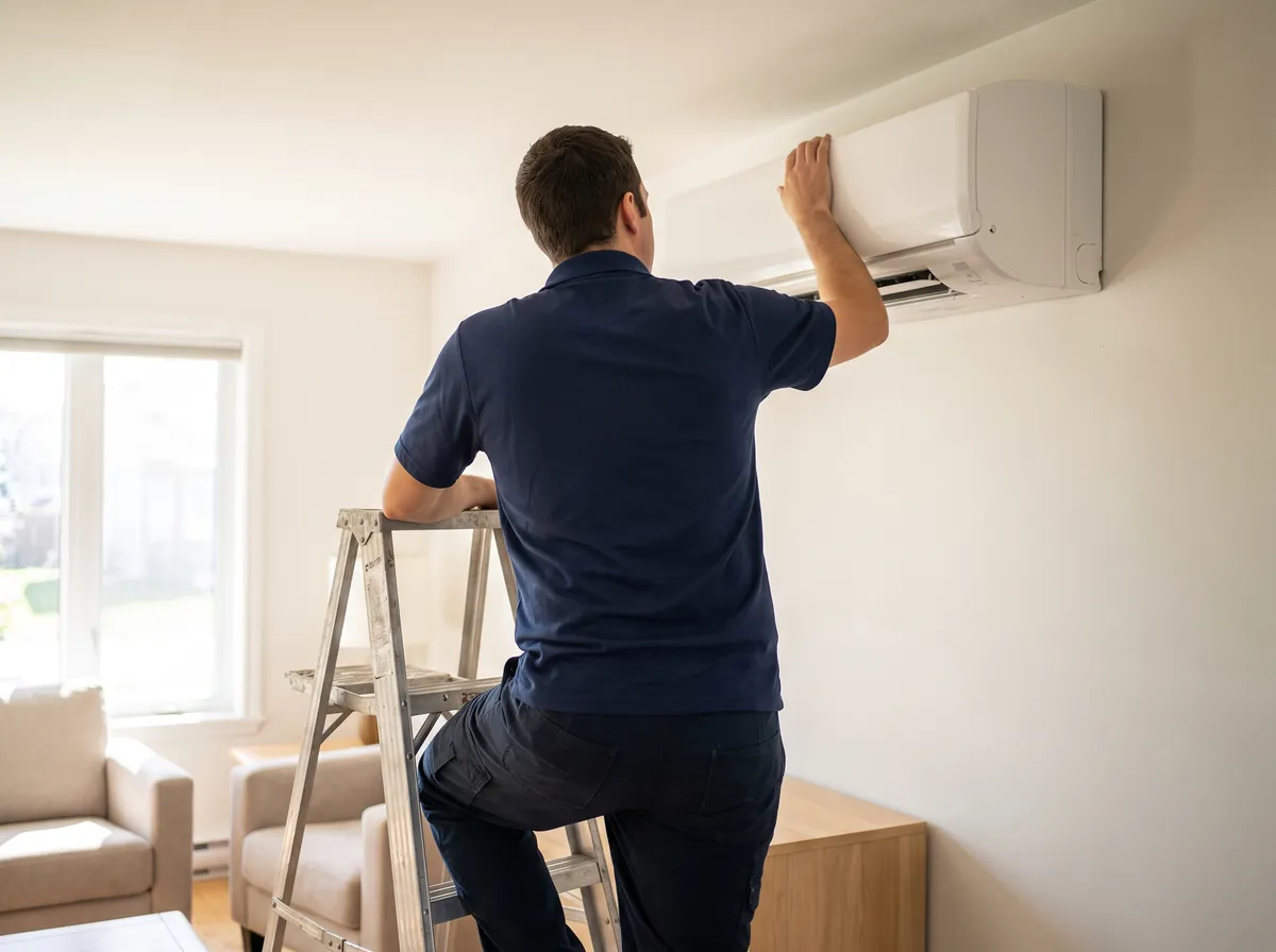 Technician on a step ladder checking a ductless mini-split
