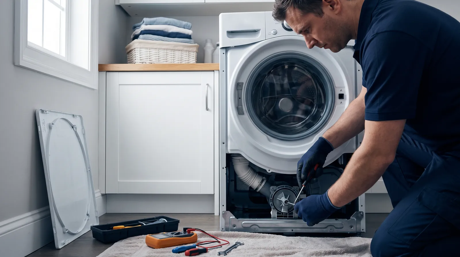 Technician repairing the drain pump of a front-load washing machine