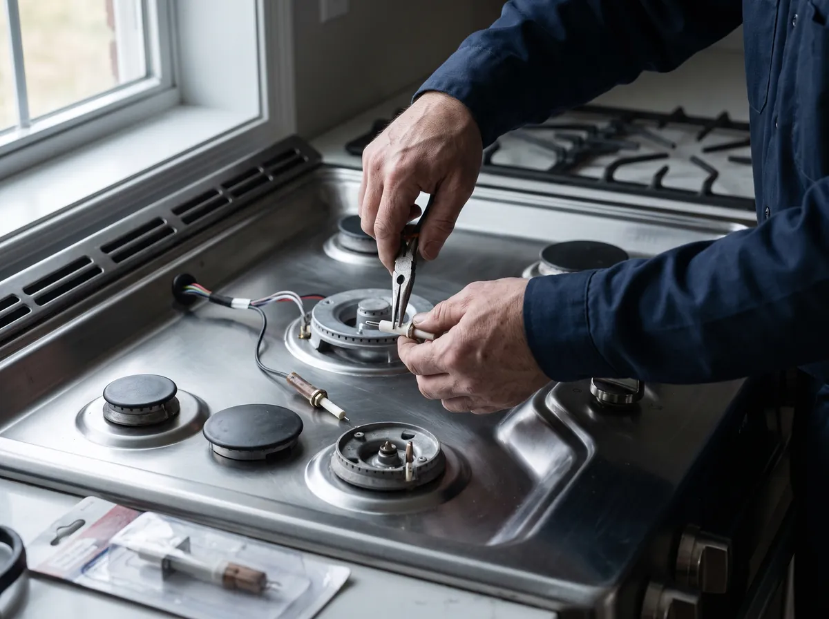Technician replacing the igniter on a gas cooktop