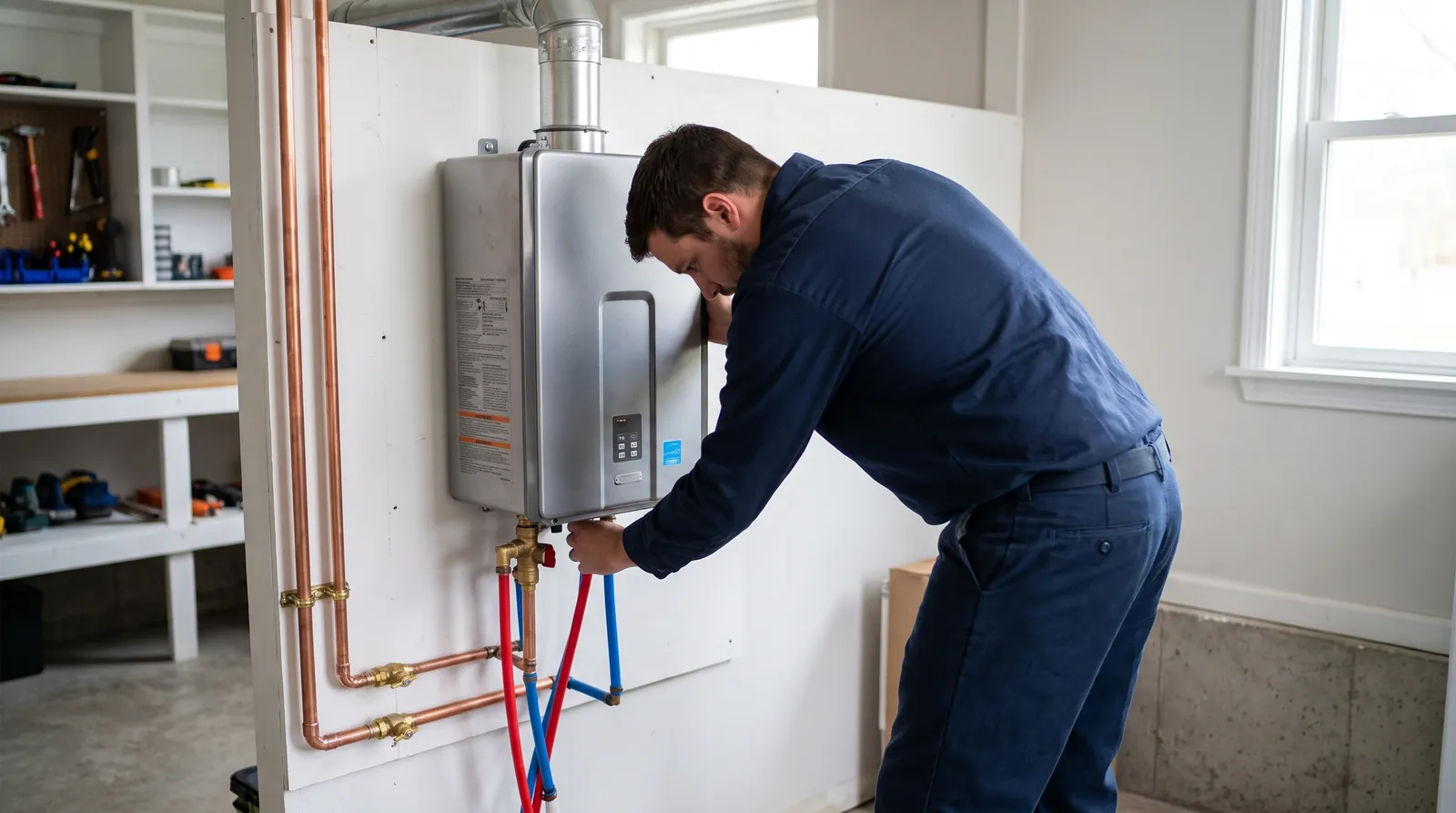 Technician installing a wall-mounted tankless water heater