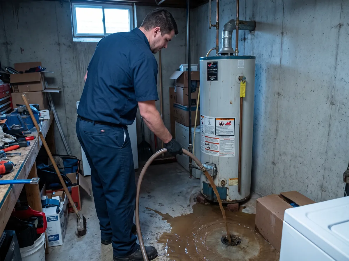 Technician flushing sediment from a tank water heater